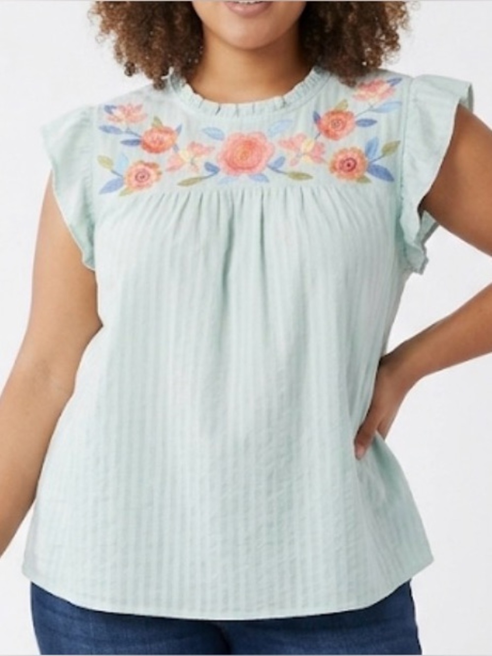 Perch Blu Pepper Blue Floral Embroidered Cottagecore Ruffle Cap Sleeve Top 3XL